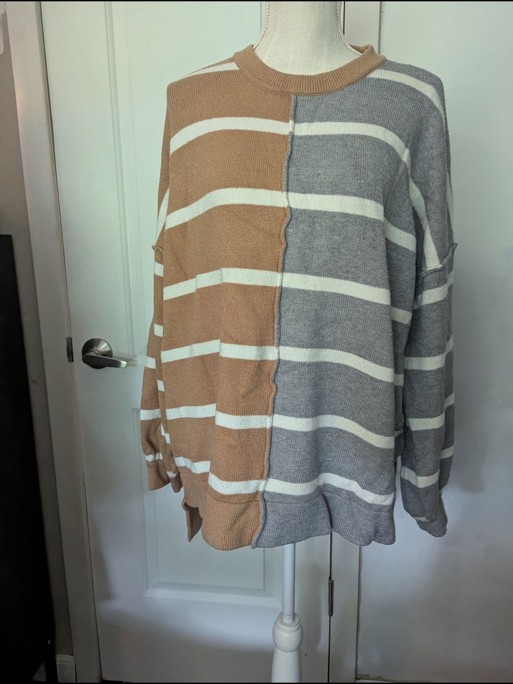Striped Two-Tone Crewneck Sweater - Camel & Gray